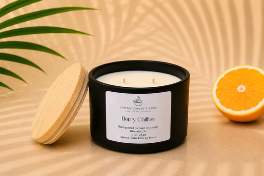 "Berry Chiffon" candle with a wooden lid and half an orange on a beige background