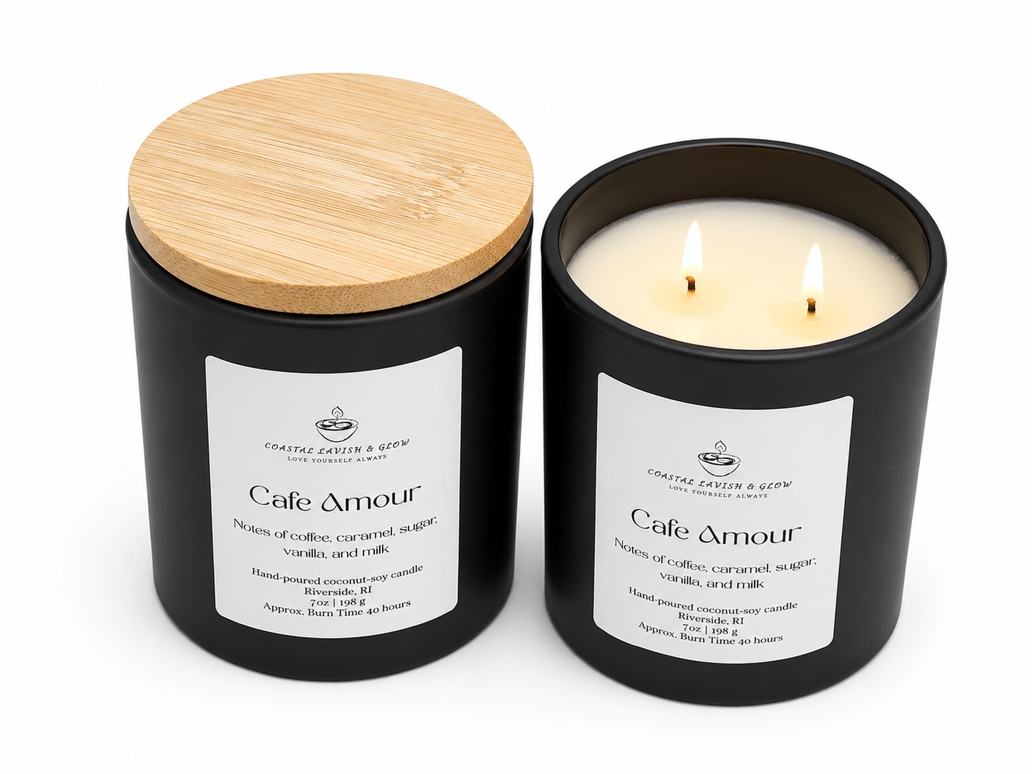 Two black candles labeled 'Cafe Amour' with wooden lids on a white background.