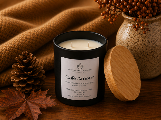 Candle labeled 'Cafe Amour' with decorative elements on a wooden surface