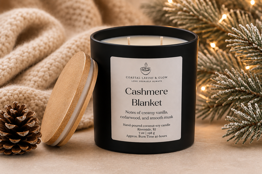 "Cashmere Blanket" candle with decorative elements on a neutral background