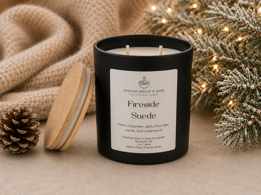 "Fireside Suede" candle with a label on a surface with decorative elements