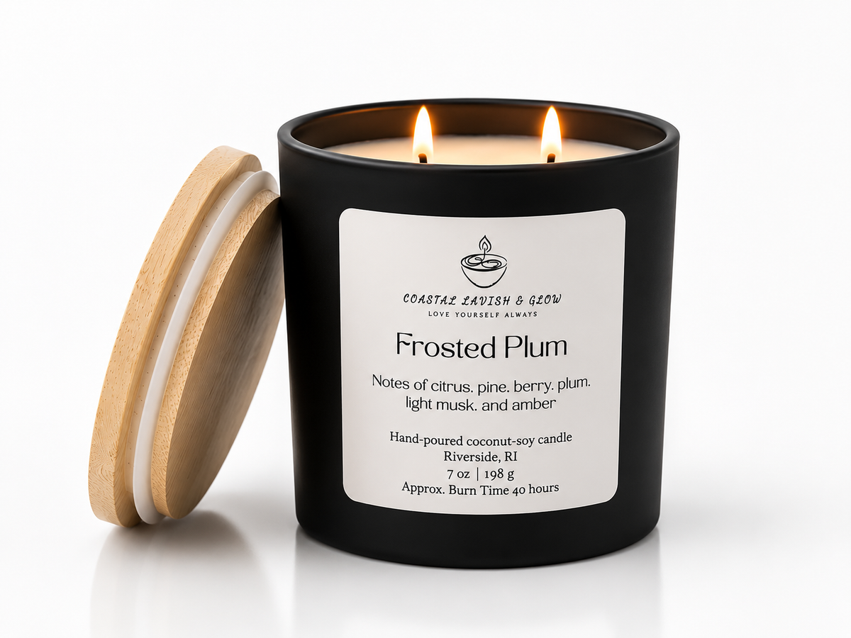 Frosted Plum candle with wooden lid on a white background