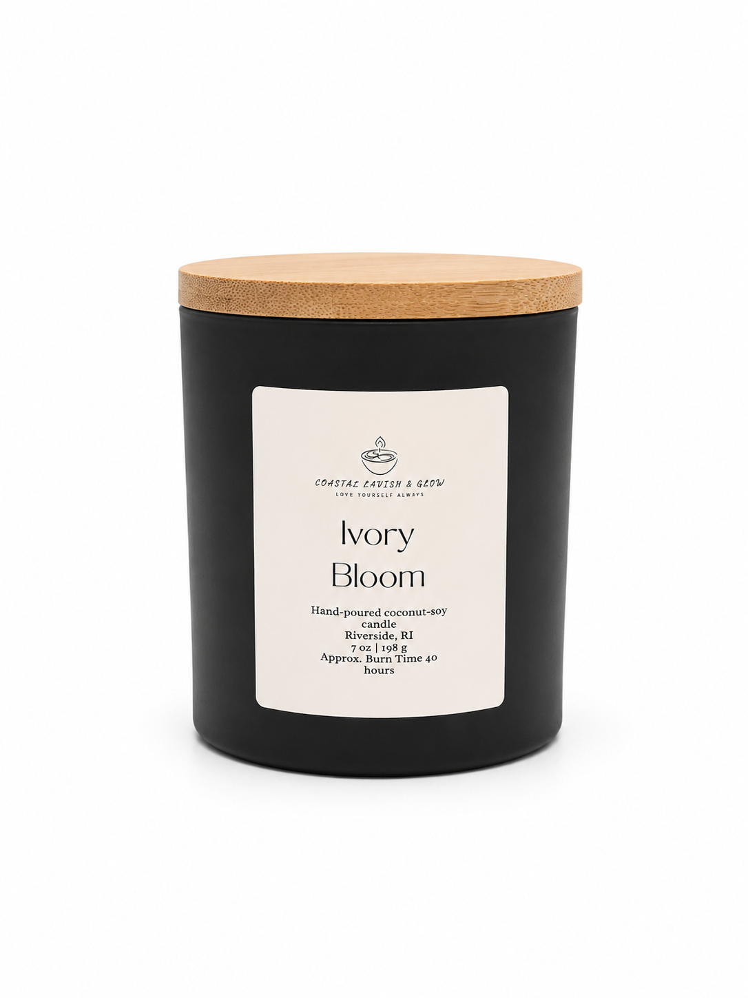 Black candle with a wooden lid labeled 'Ivory Bloom' on a white background
