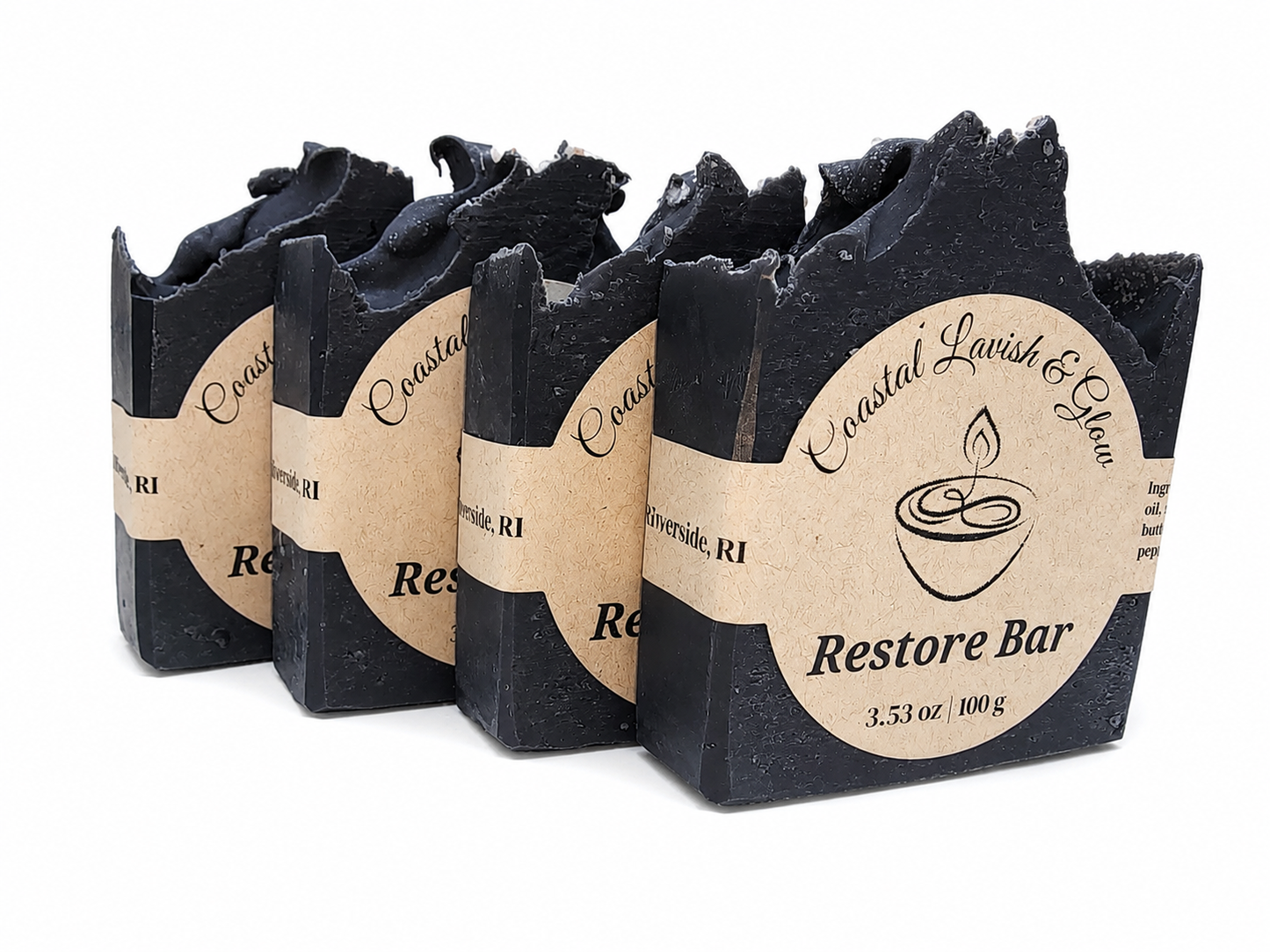 Restore Bars of Soap with Activated Charcoal Topped with Himalayan Sea Salt Scented Peppermint, Rosemary, and Patchouli
