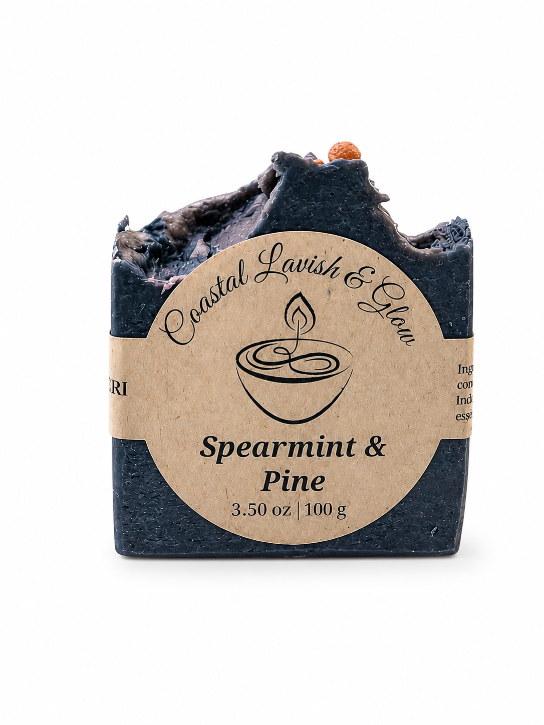Spearmint & Pine bar of soap with a round label on a white background