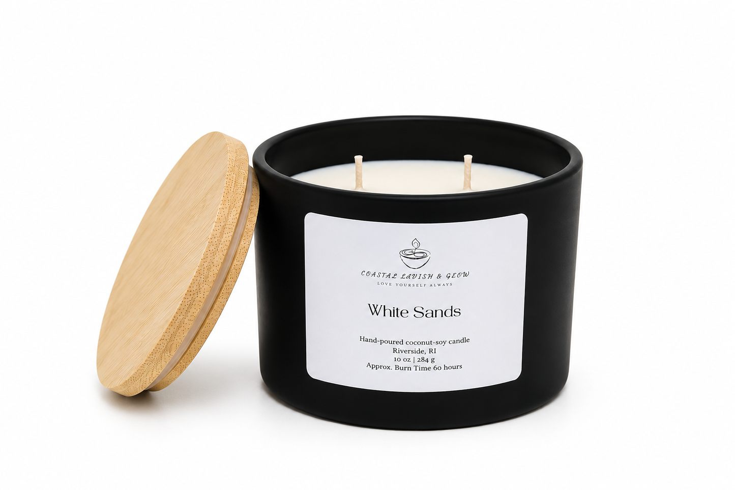 "White Sands" black candle with a wooden lid on a white background