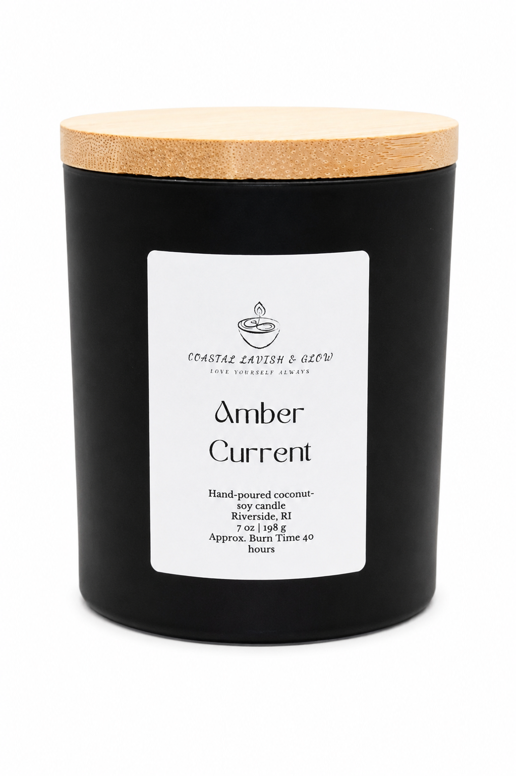 Black candle with wooden lid and white label on a white background
