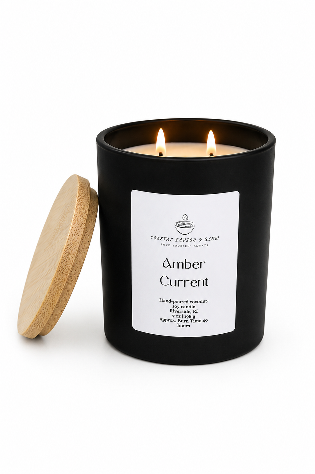Black candle jar with 'Amber Current' label on a white background