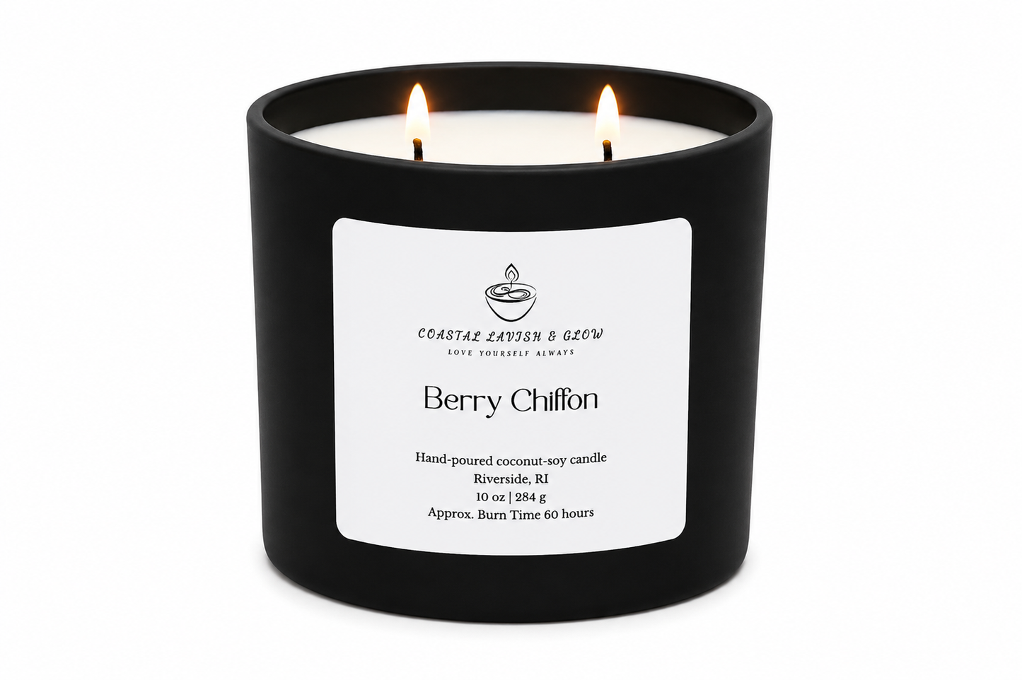 Black candle with a white label on a white background