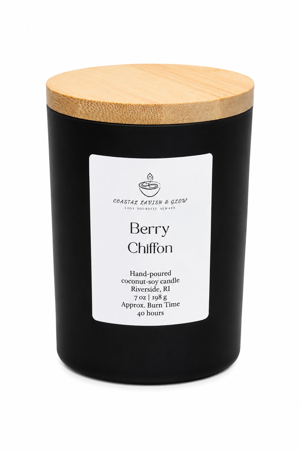 Black candle with a wooden lid labeled 'Berry Chiffon' on a white background