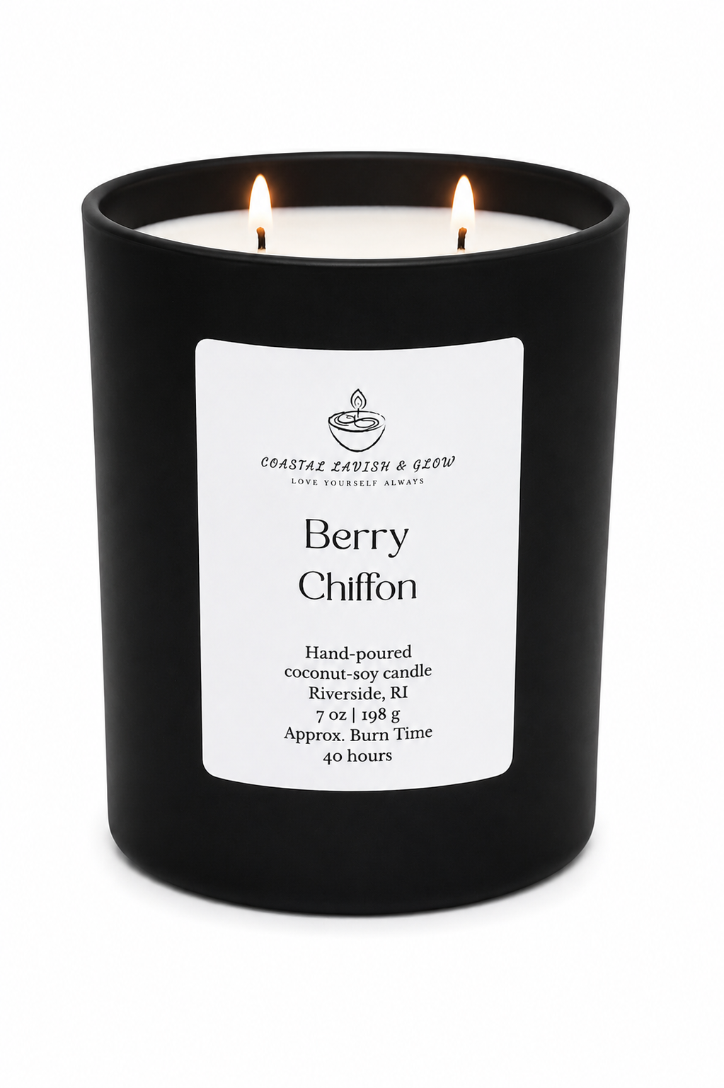 Black candle "Berry Chiffon" with a white label on a white background