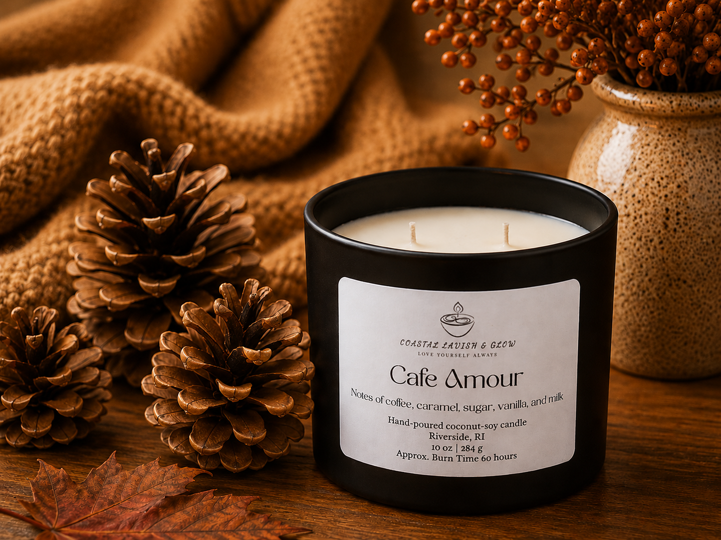 Candle labeled 'Cafe Amour' with decorative elements like pinecones and a vase on a wooden surface.