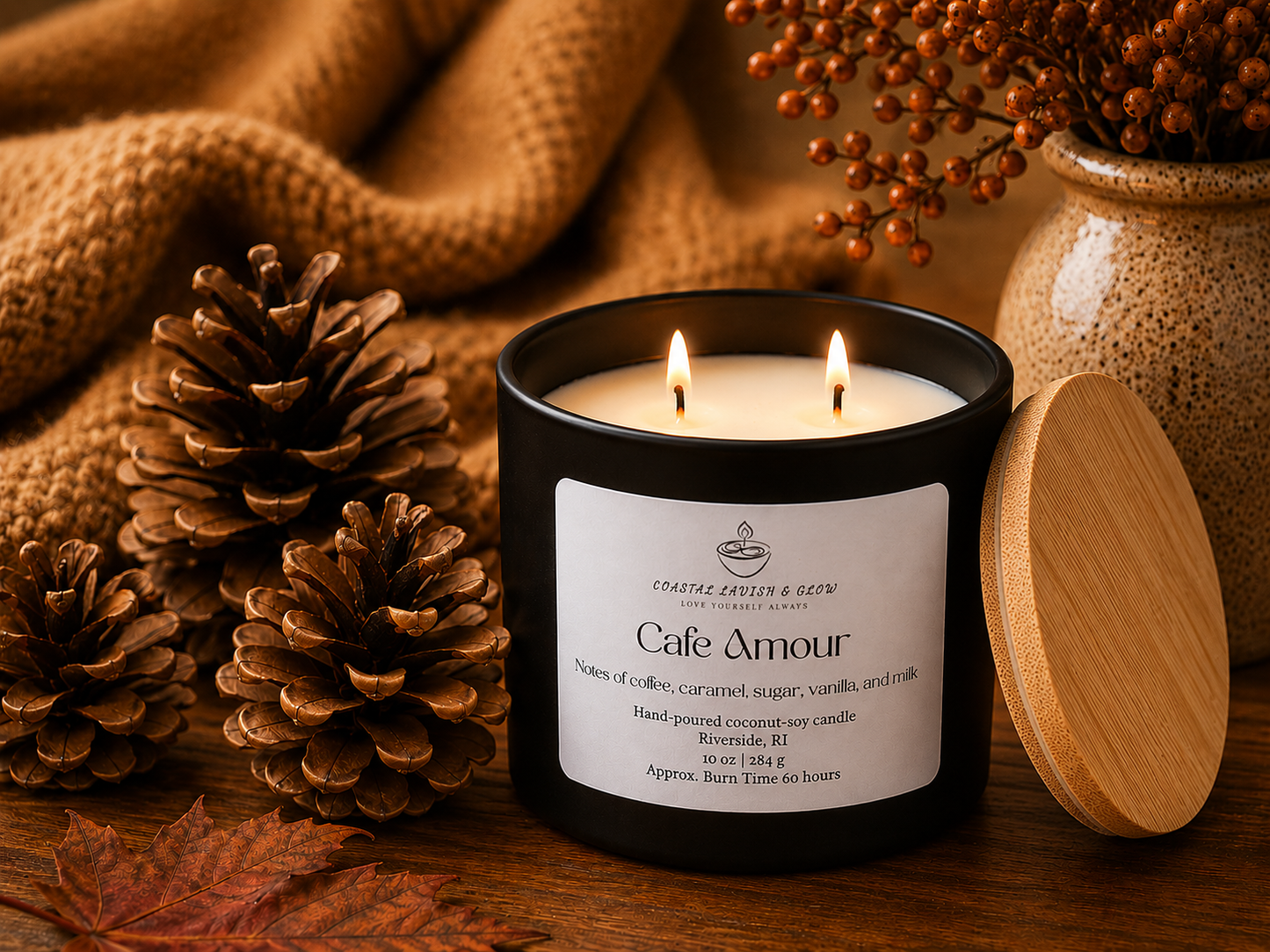 Candle labeled 'Cafe Amour' with decorative elements on a wooden surface