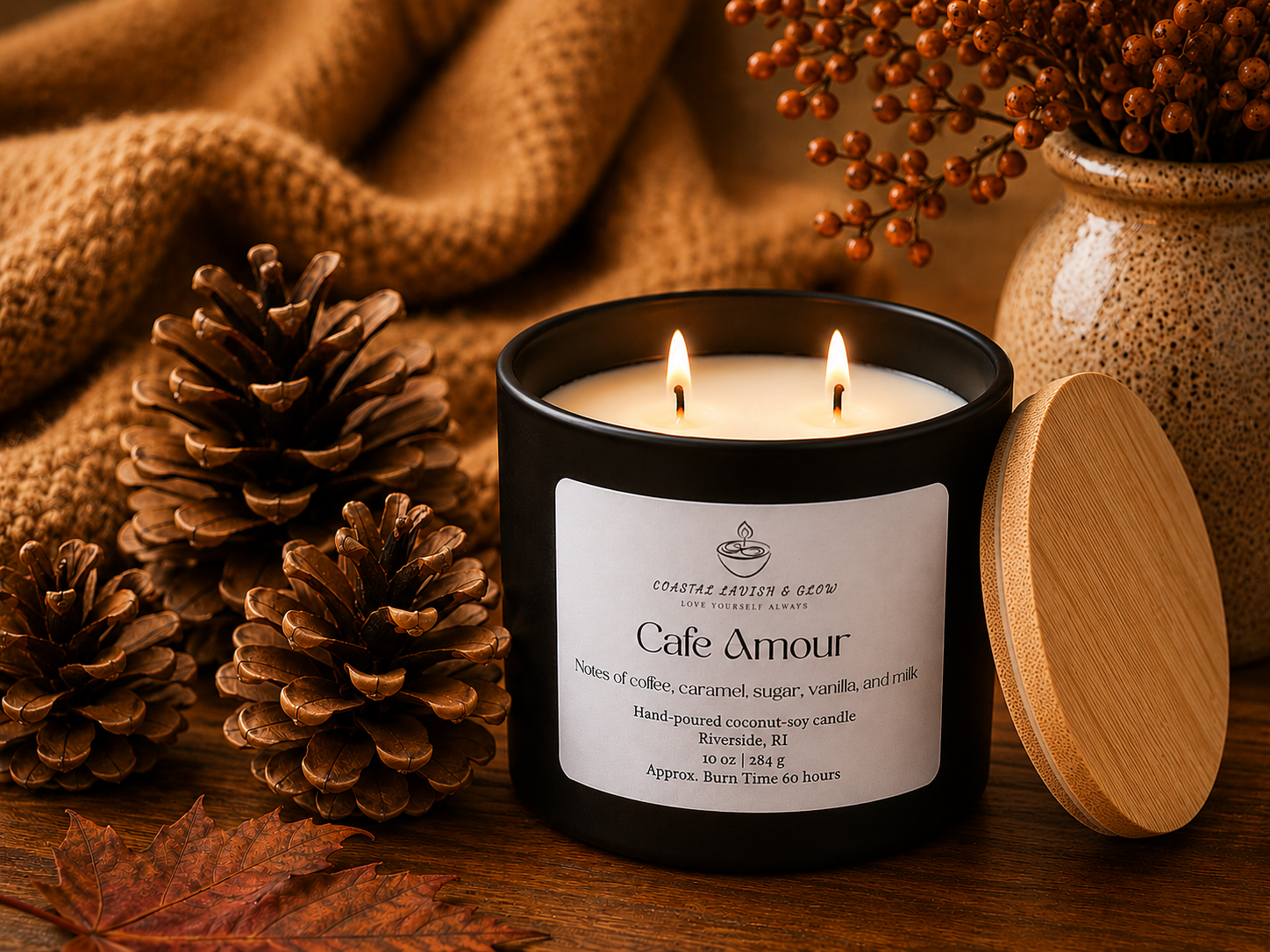 Candle labeled 'Cafe Amour' with decorative elements on a wooden surface