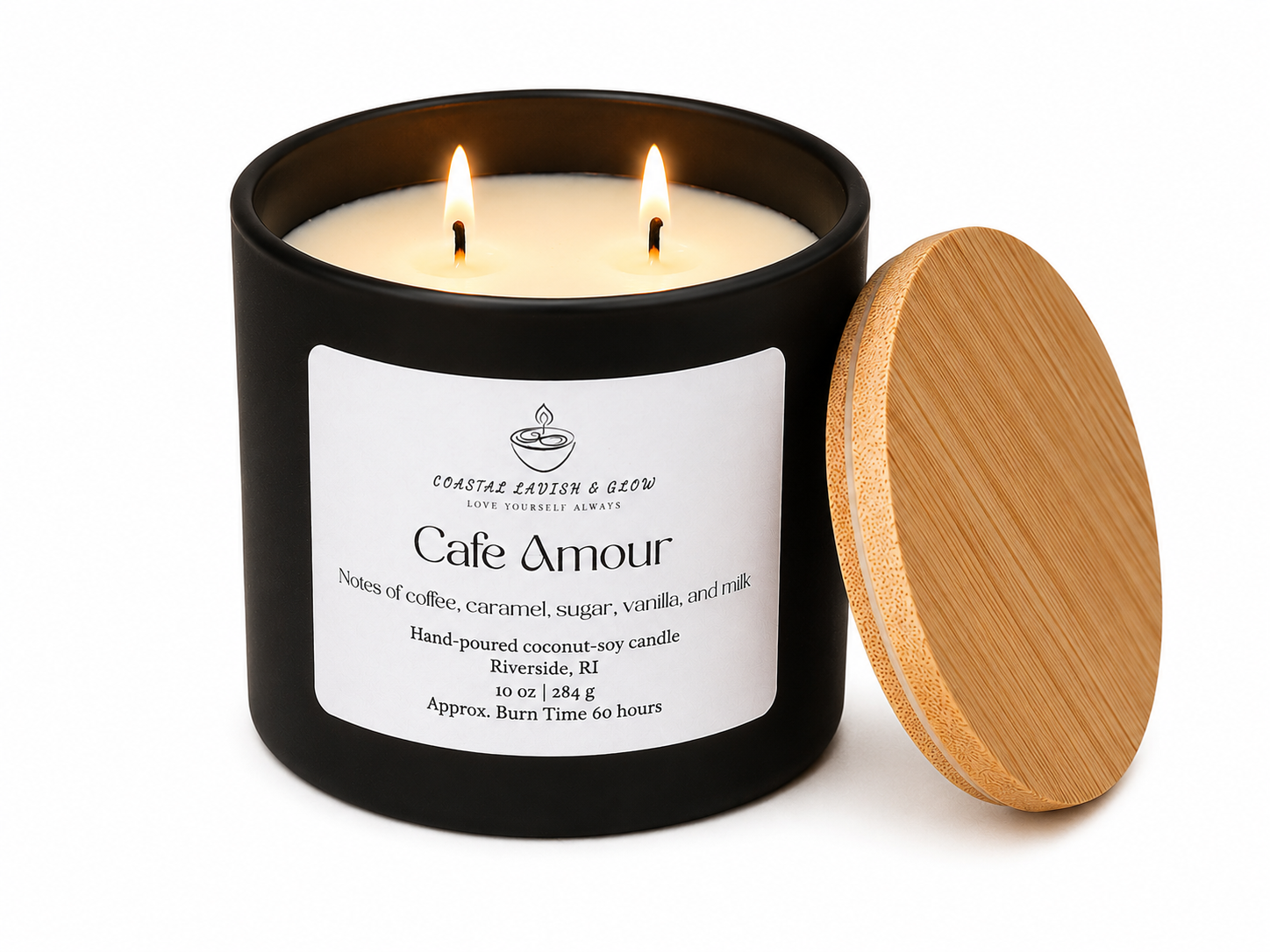 "Cafe Amour" candle in a black container with a wooden lid on a white background