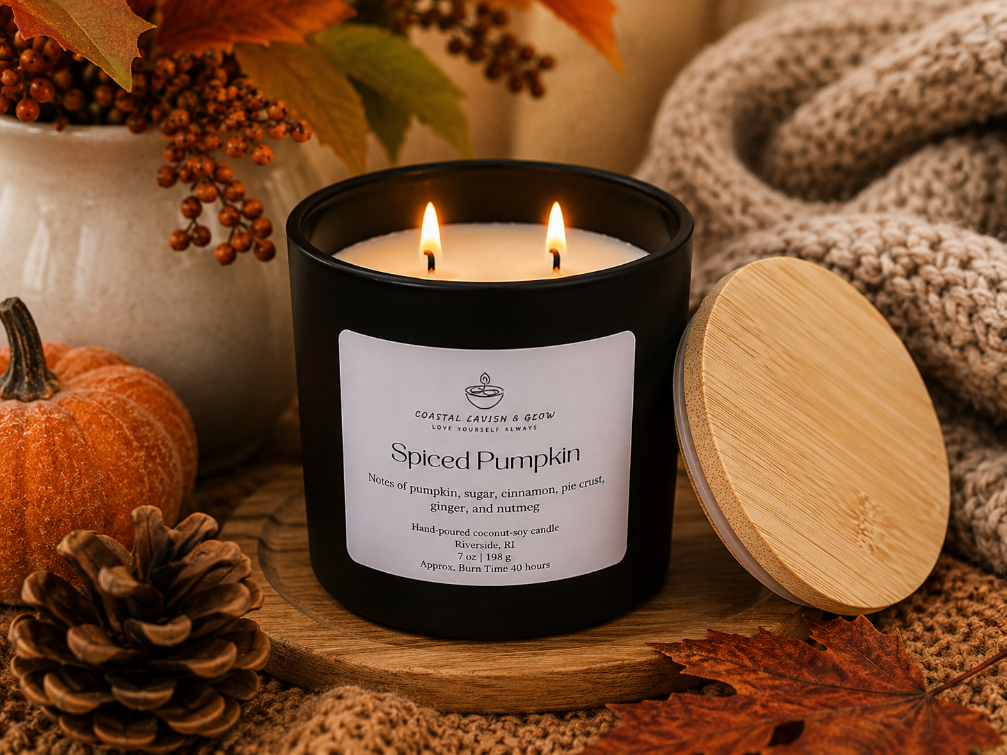 Spiced Pumpkin candle with wooden lid on a decorative surface with pumpkins and foliage.