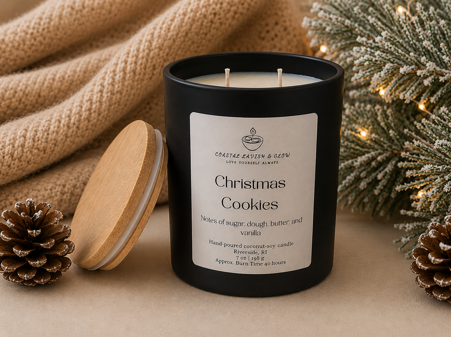 Black candle labeled 'Christmas Cookies' with a wooden lid, surrounded by decorative elements on a neutral background.
