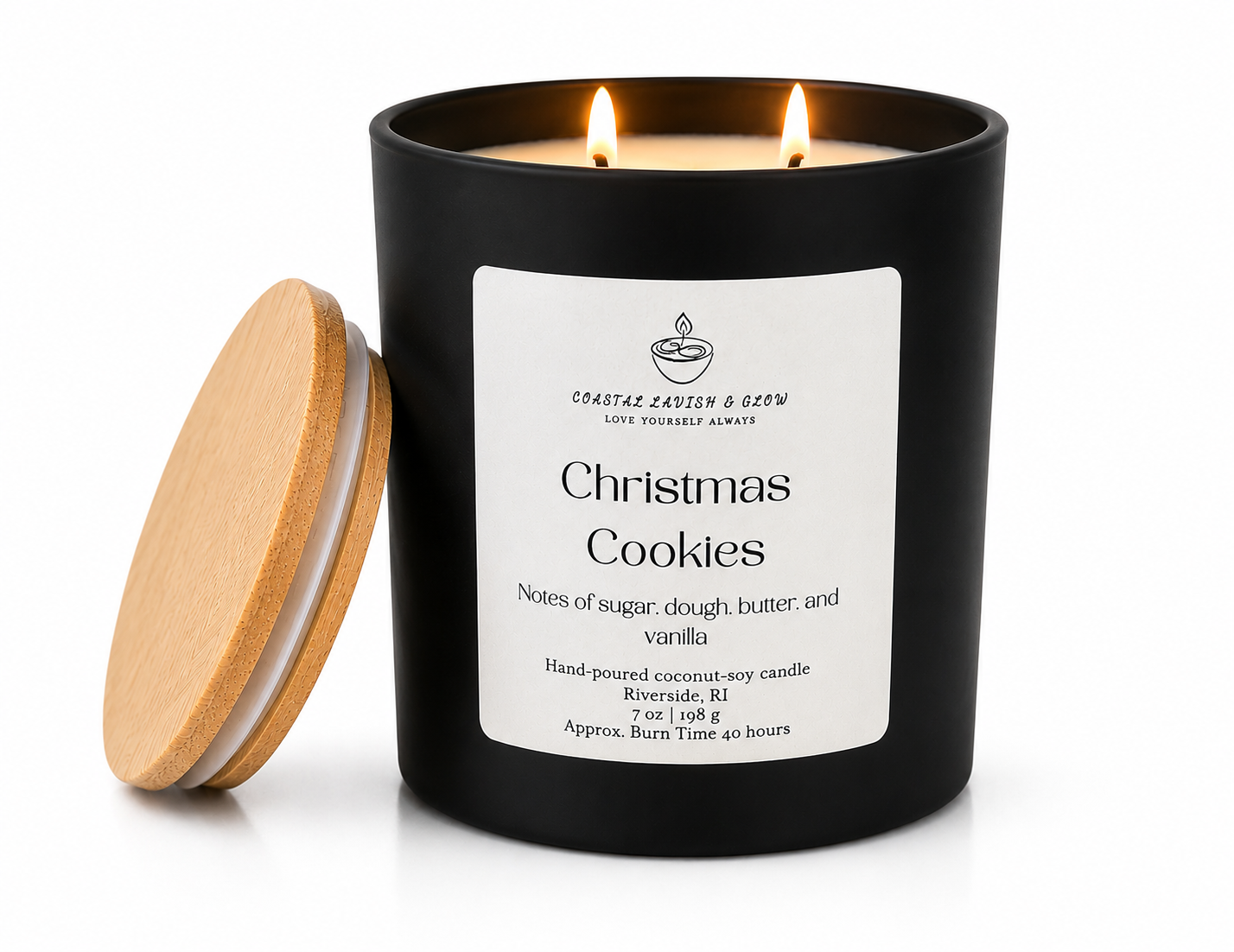 Black candle labeled 'Christmas Cookies' with a wooden lid on a white background