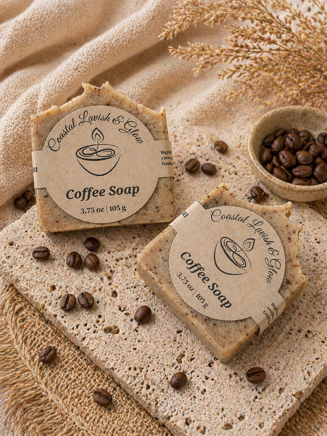 Coffee Handcrafted Soap - Cedarwood scent on a cream background with coffee beans