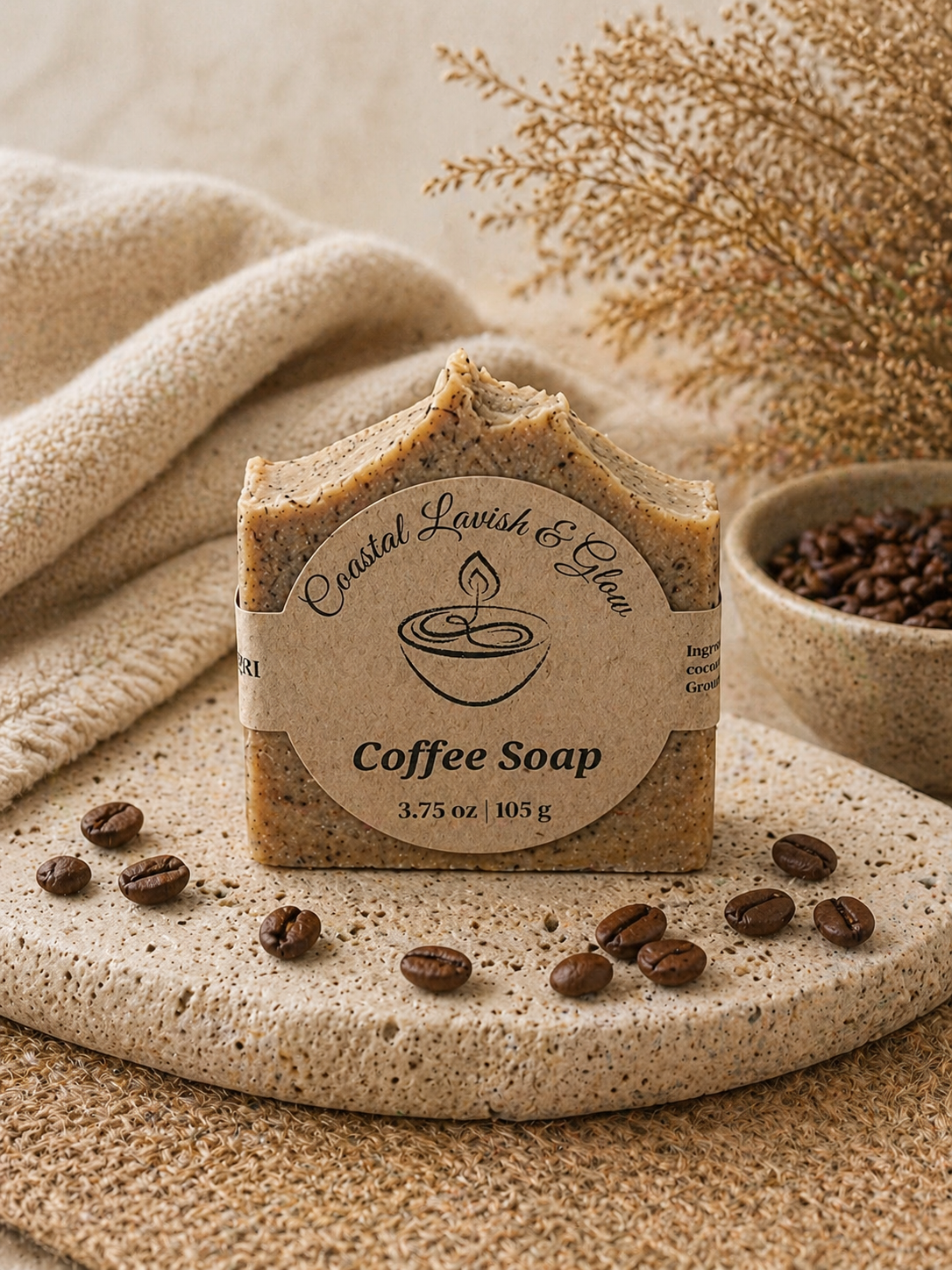Coffee Handcrafted Soap - Cedarwood scent on a cream background with coffee beans