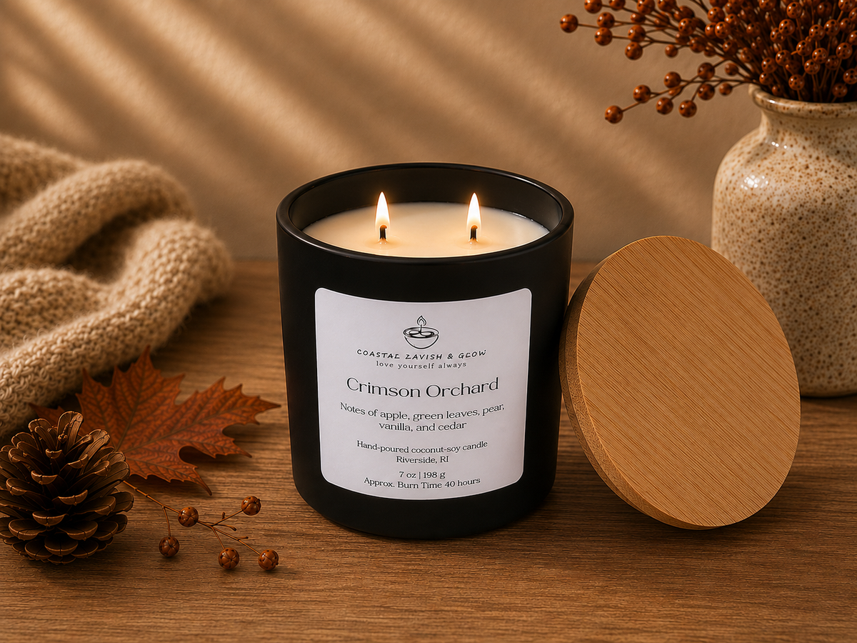 "Crimson Orchard" Candle with wooden lid on a wooden surface with decorative elements