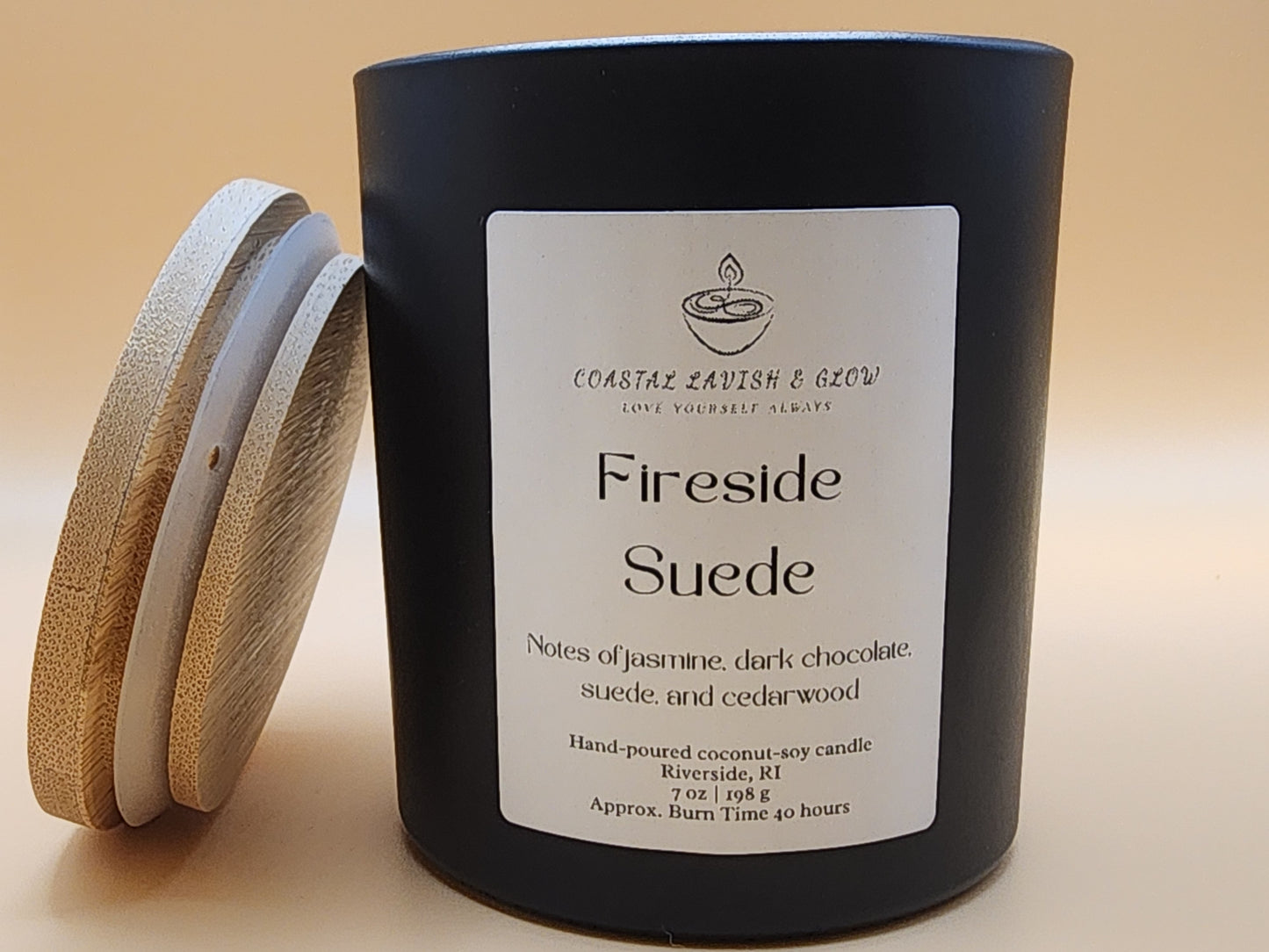 Fireside Suede Candle - jasmine, dark chocolate, suede, cedarwood scent