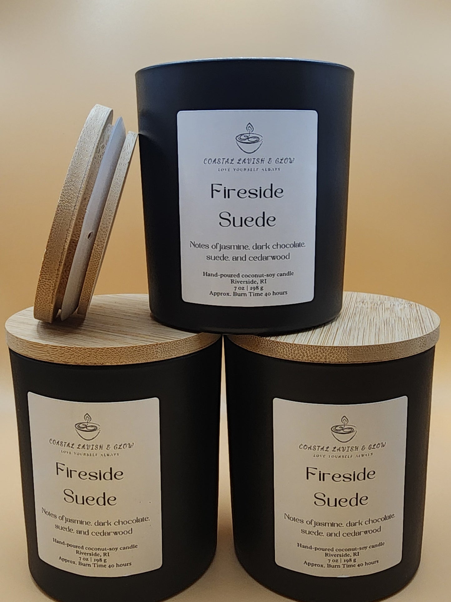 Fireside Suede Candle - jasmine, dark chocolate, suede, cedarwood scent