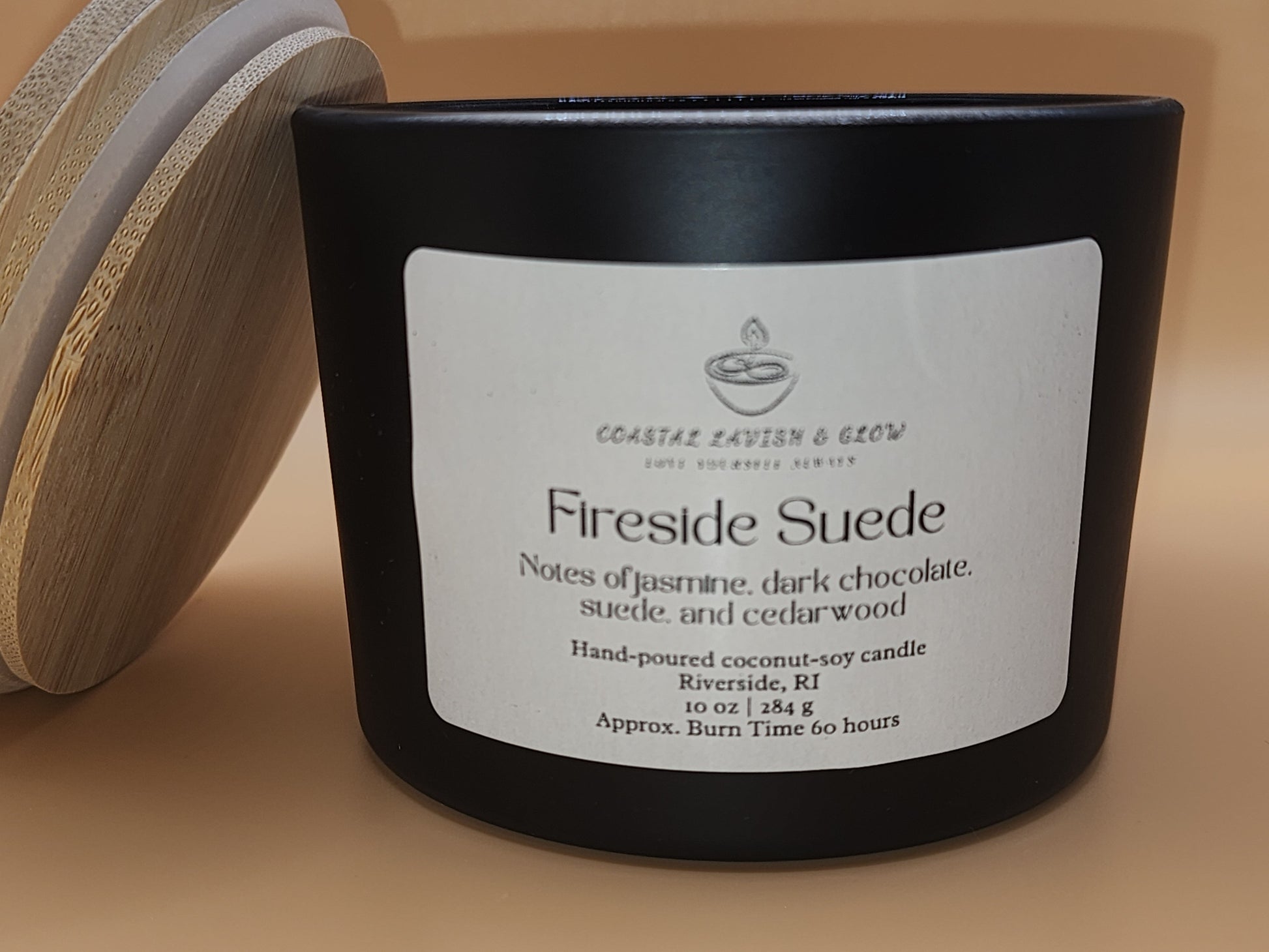 Fireside Suede Candle - jasmine, dark chocolate, suede, cedarwood scent