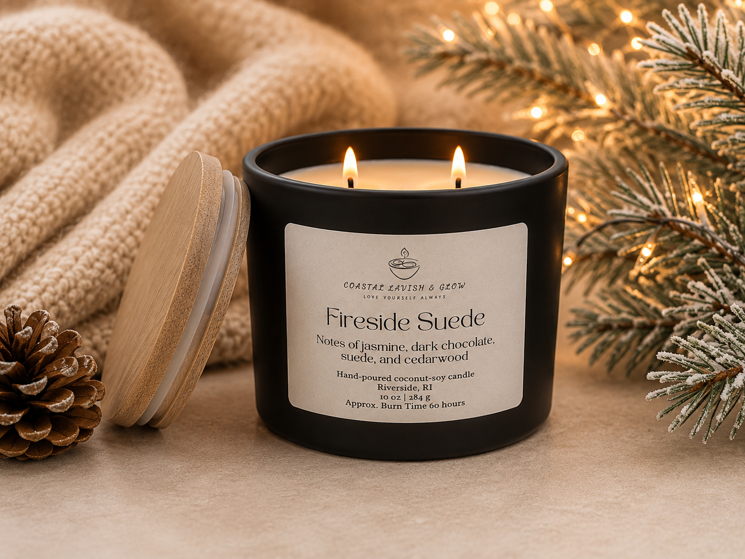 "Fireside Suede" candle with a label, surrounded by festive decor including a pine cone and Christmas lights.