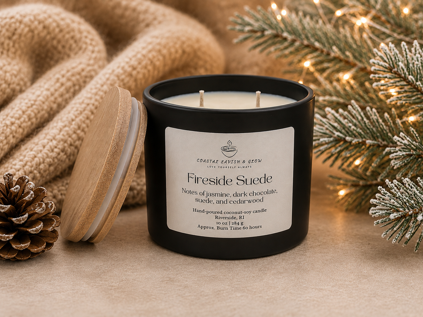 "Fireside Suede" candle with a label, surrounded by festive decor including a blanket, pinecones, and lights.