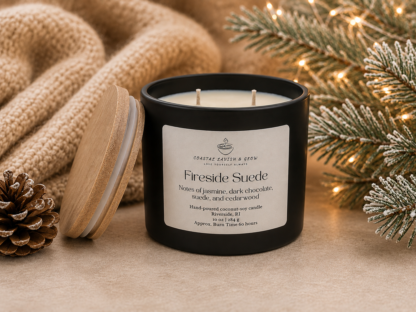 "Fireside Suede" candle with a label, surrounded by festive decor including a blanket, pinecones, and lights.