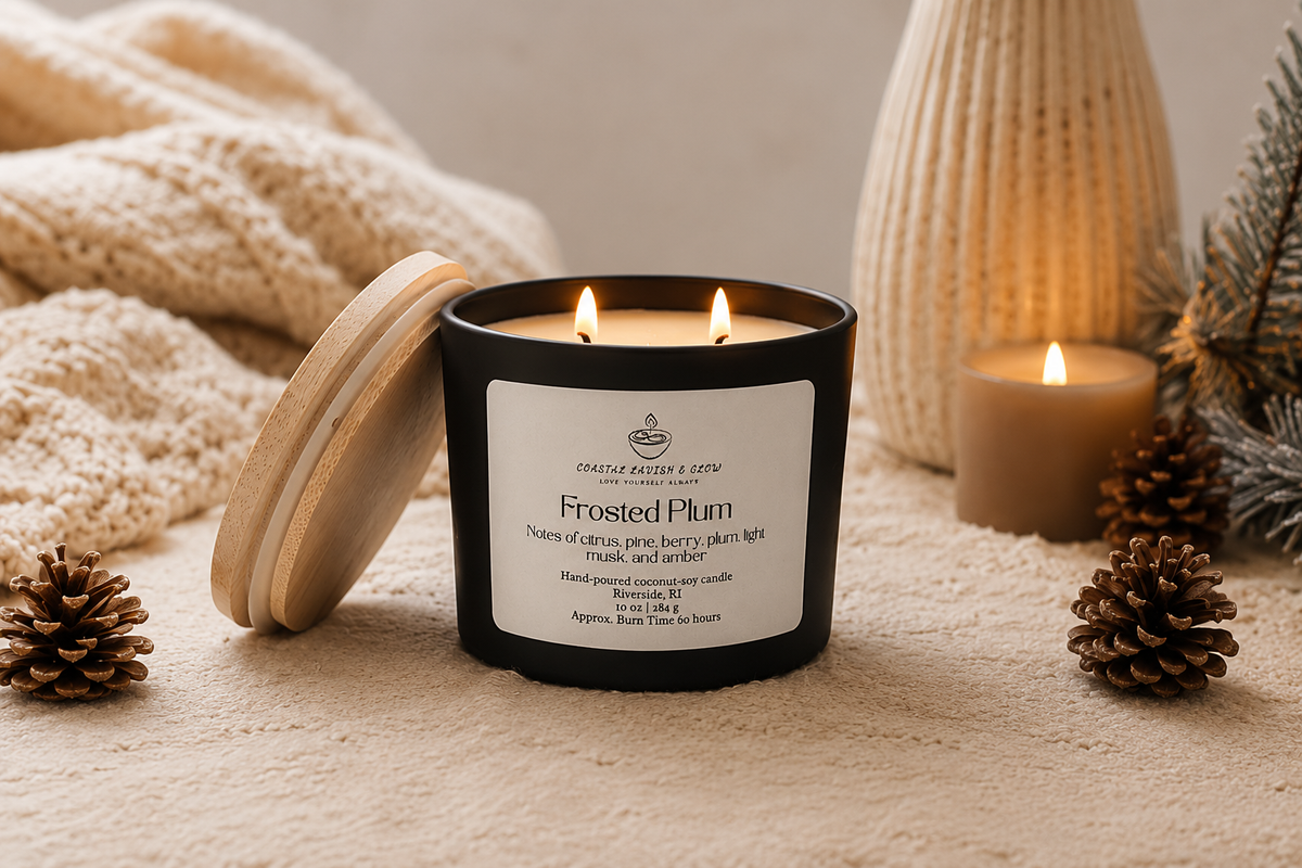 "Frosted Plum" candle set in a cozy winter background with pinecones
