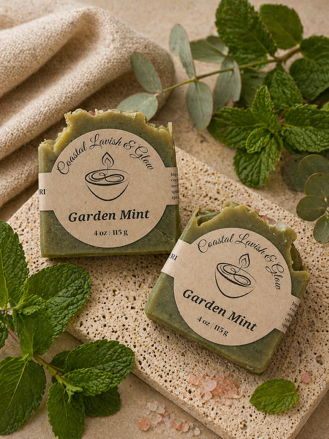 Garden Mint green handcrafted soap on a beige background with some mint leaves