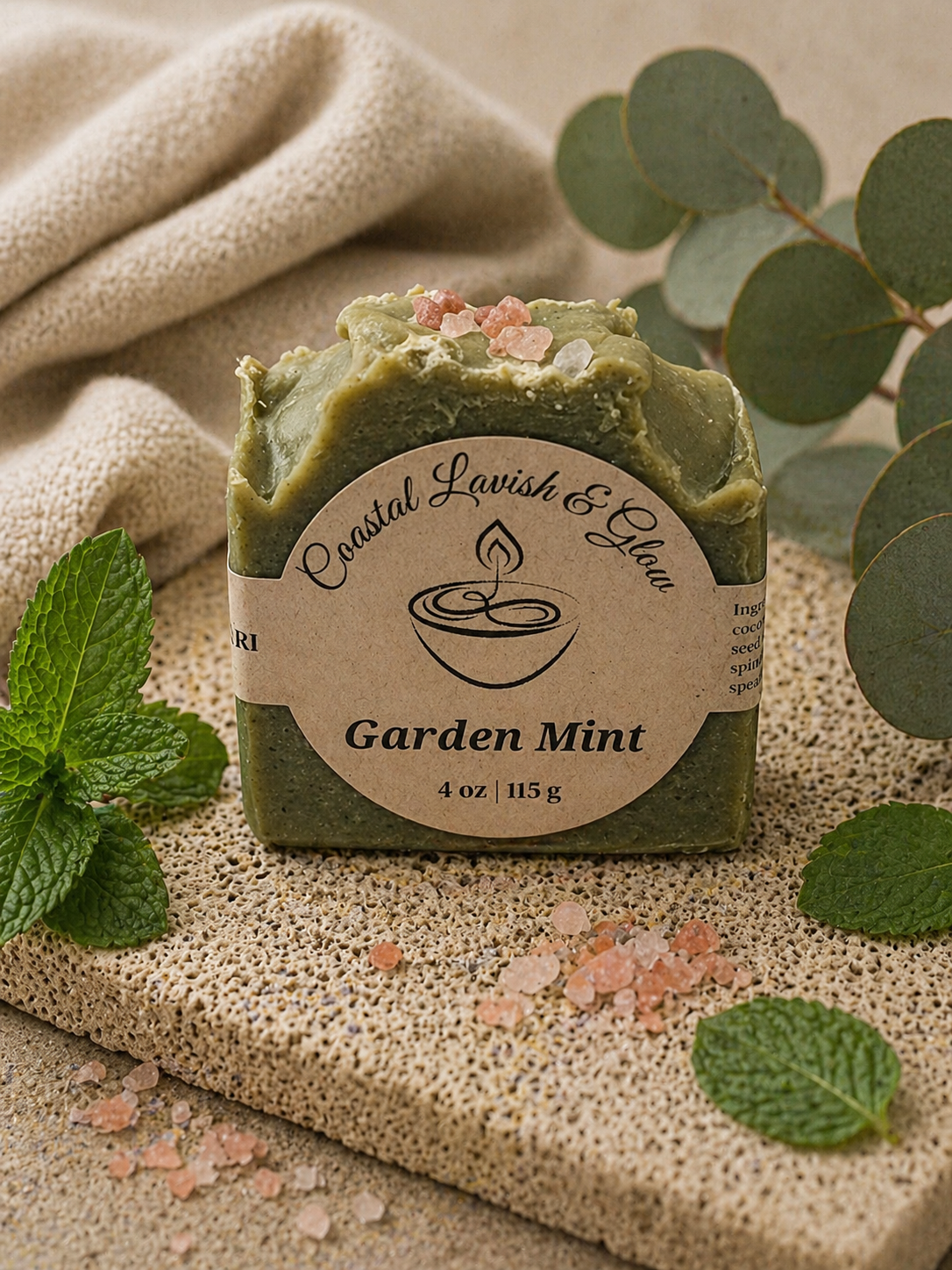 Garden Mint Handcrafted Soap on a beige background with peppermint leaves