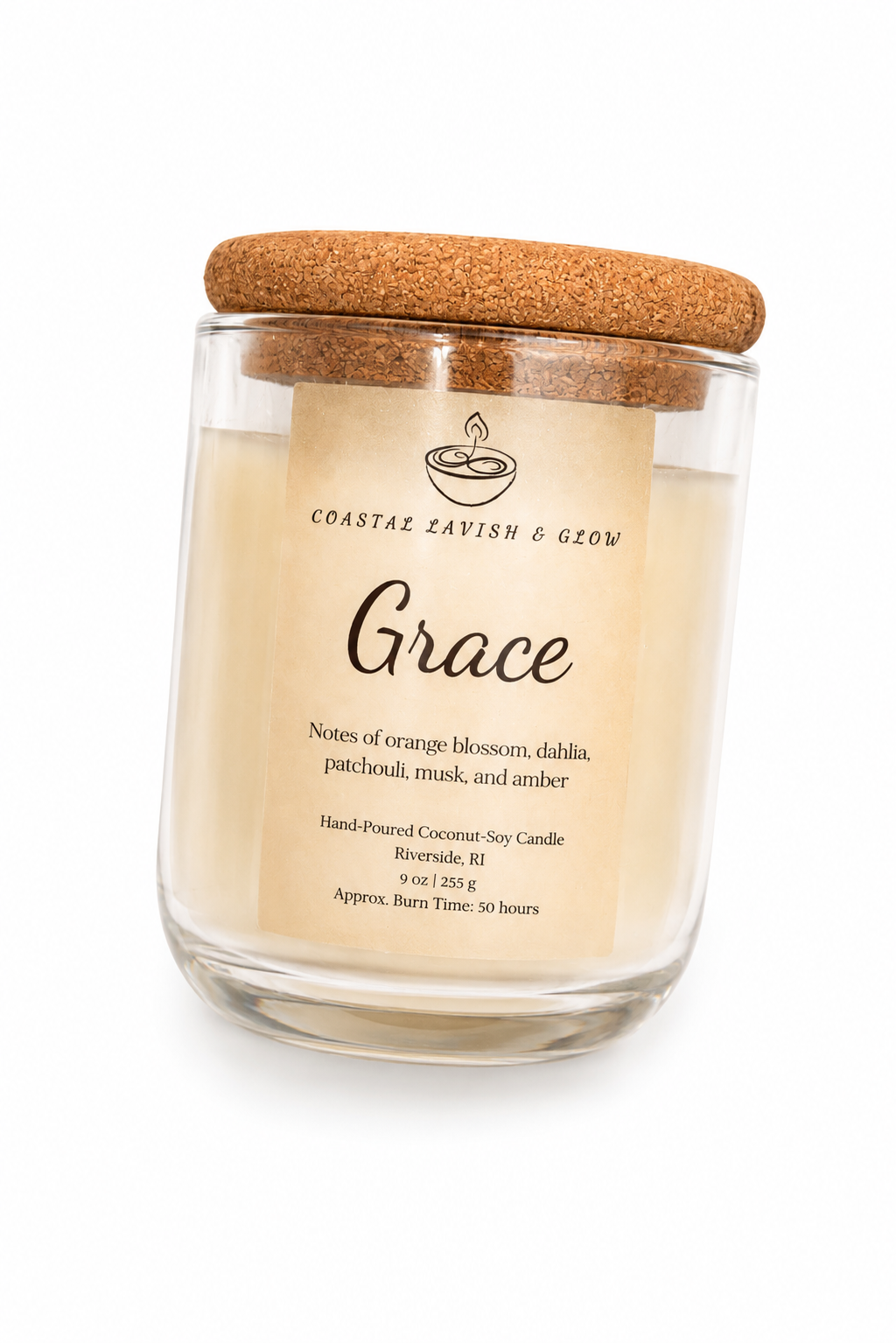 Candle jar with cork lid labeled 'Grace' on a white background