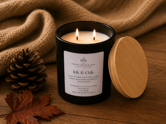 Candle labeled 'Ink & Oak' with a wooden lid and decorative elements on a wooden surface.