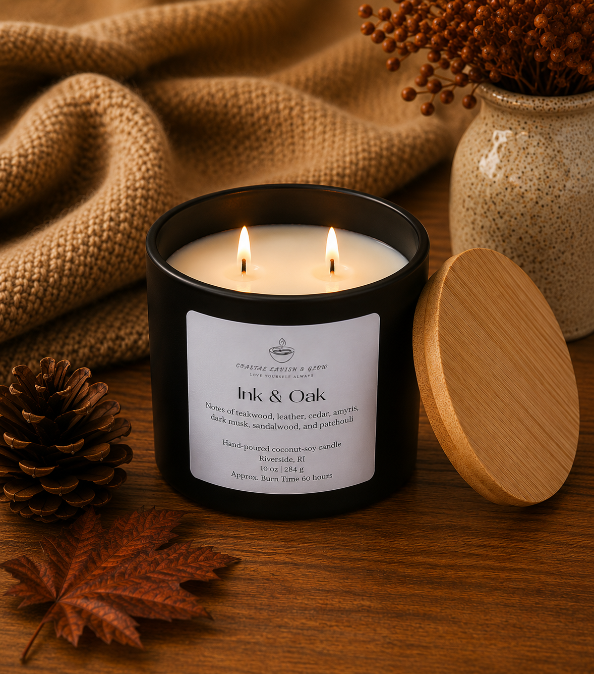 "Ink & Oak" candle with wooden lid and decorative elements on a wooden surface