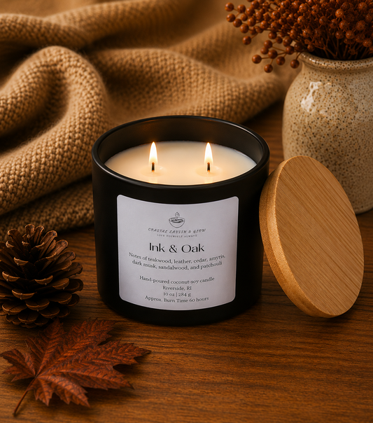 "Ink & Oak" candle with wooden lid and decorative elements on a wooden surface
