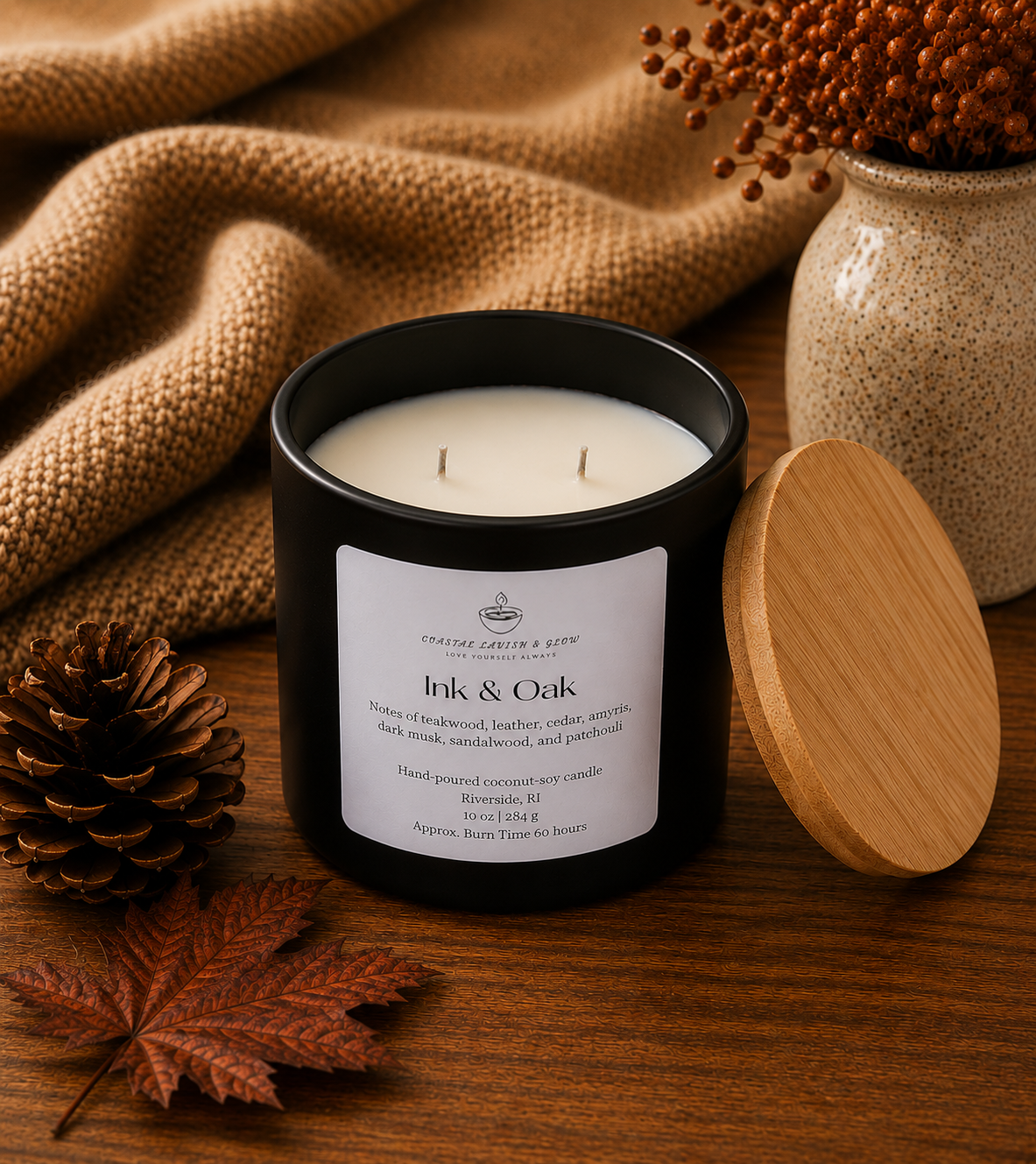 "Ink & Oak" candle with a label on a wooden surface with decorative elements like a vase, leaf, and pine cone.