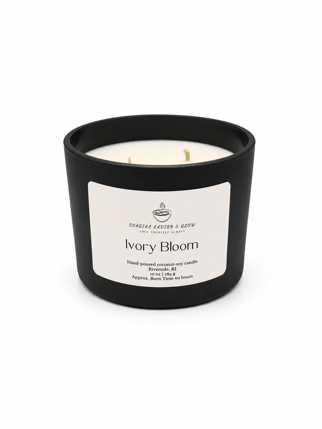 Black candle "Ivory Bloom" with a white label on a white background
