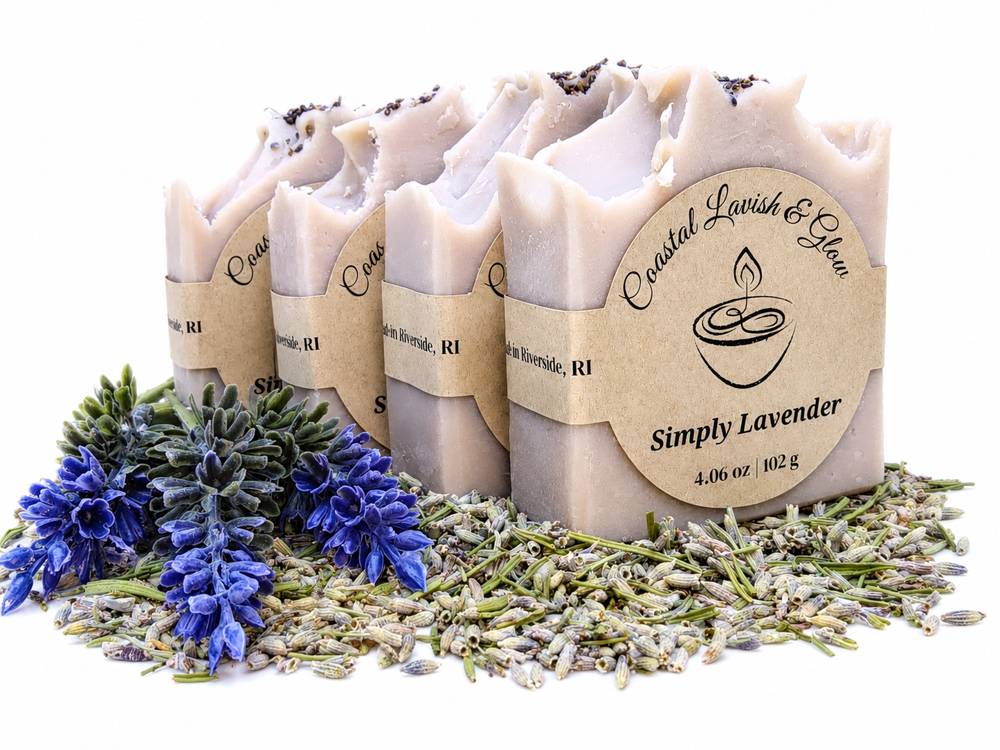 Simply Lavender 4 bars of soap with round labels on a white background