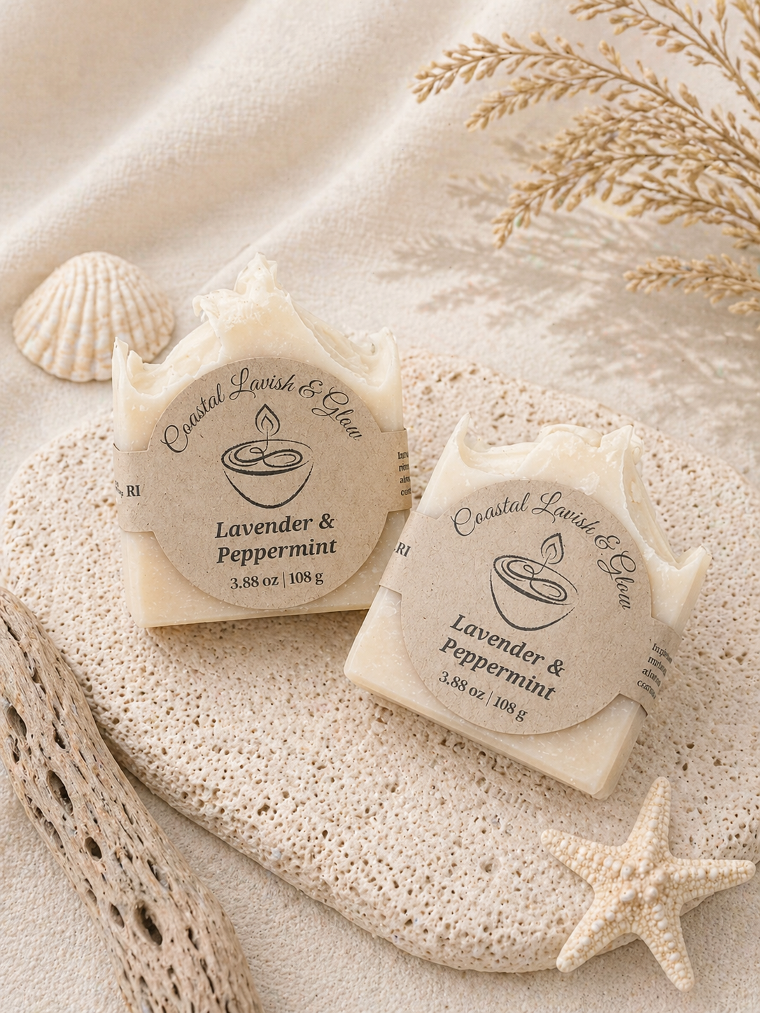 Lavender & Peppermint Handcrafted Soap on a cream background