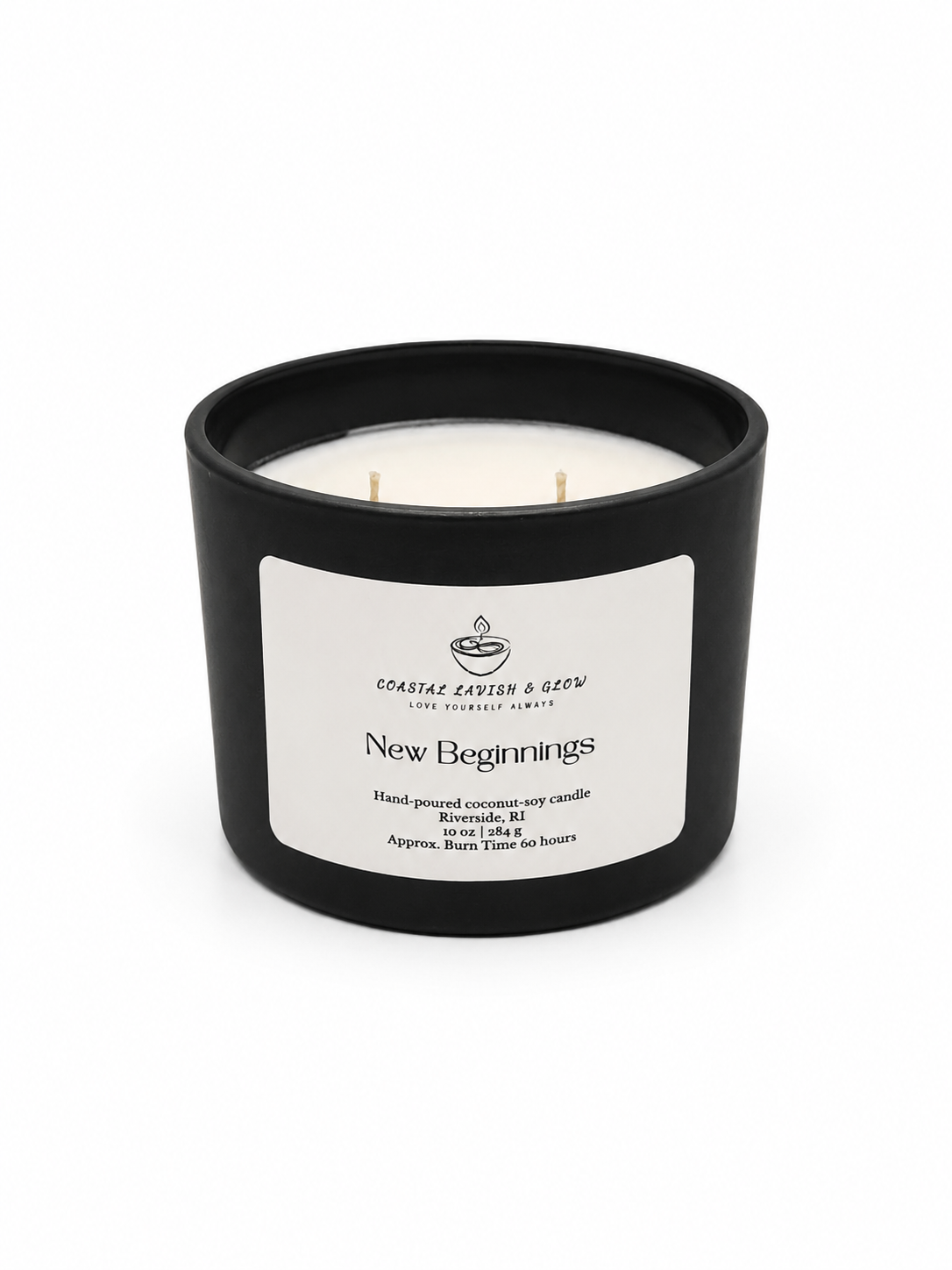 Black candle with a label on a white background