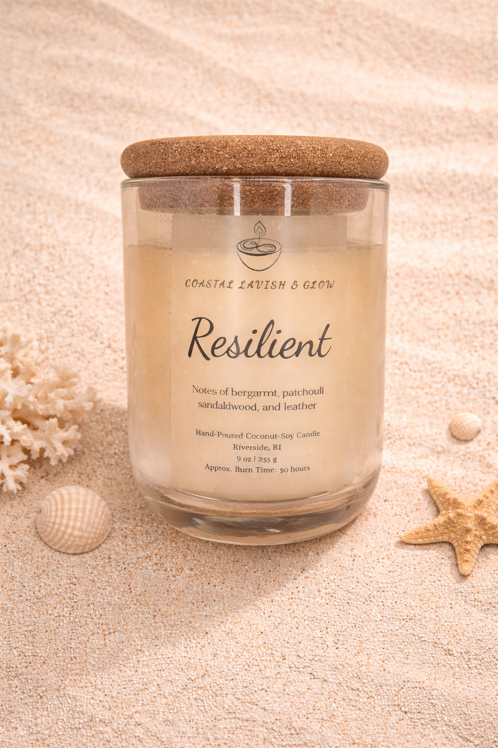 Glass candle with wooden lid on a sandy background