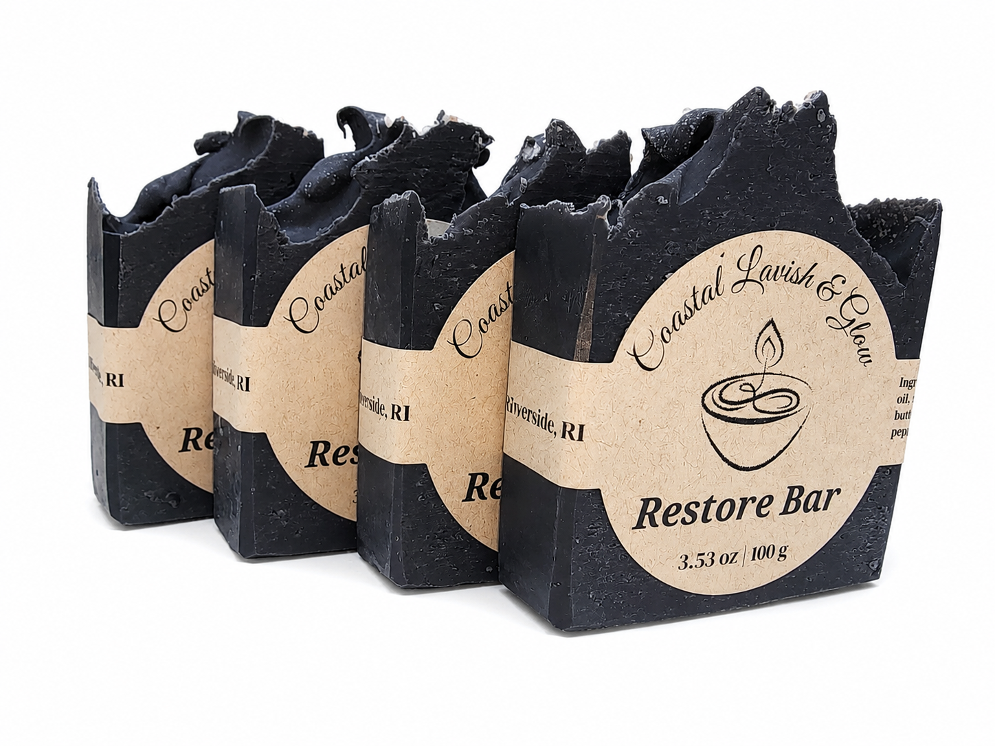 Restore Bars of Soap with Activated Charcoal Topped with Himalayan Sea Salt Scented Peppermint, Rosemary, and Patchouli