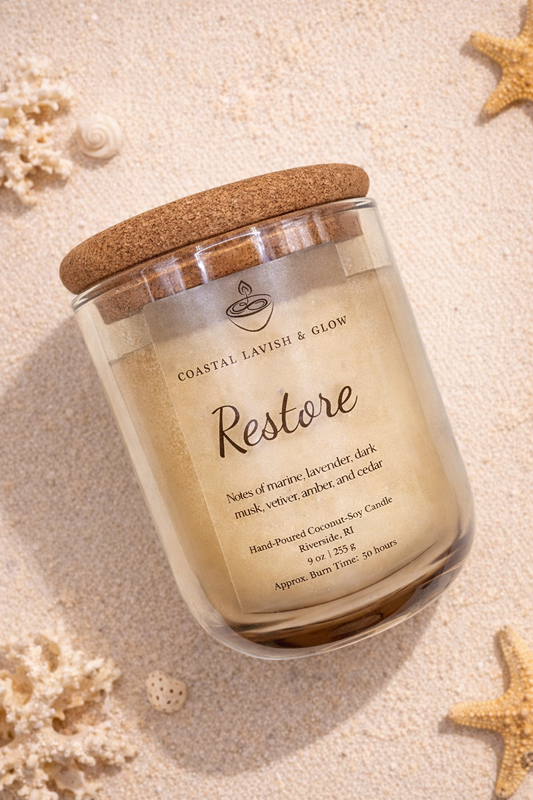 'Restore' Candle with cork lid on a sandy background.  Notes of Marine, Lavender, Dark Musk, Vetiver, Amber, and Cedar.