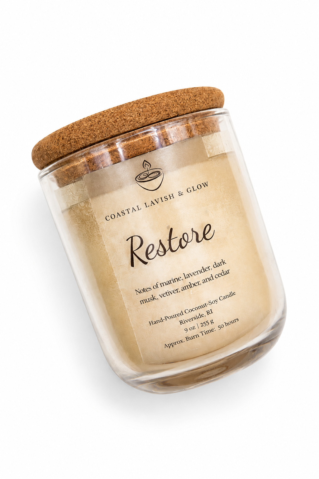"Restore" candle in a champagne colored glass jar