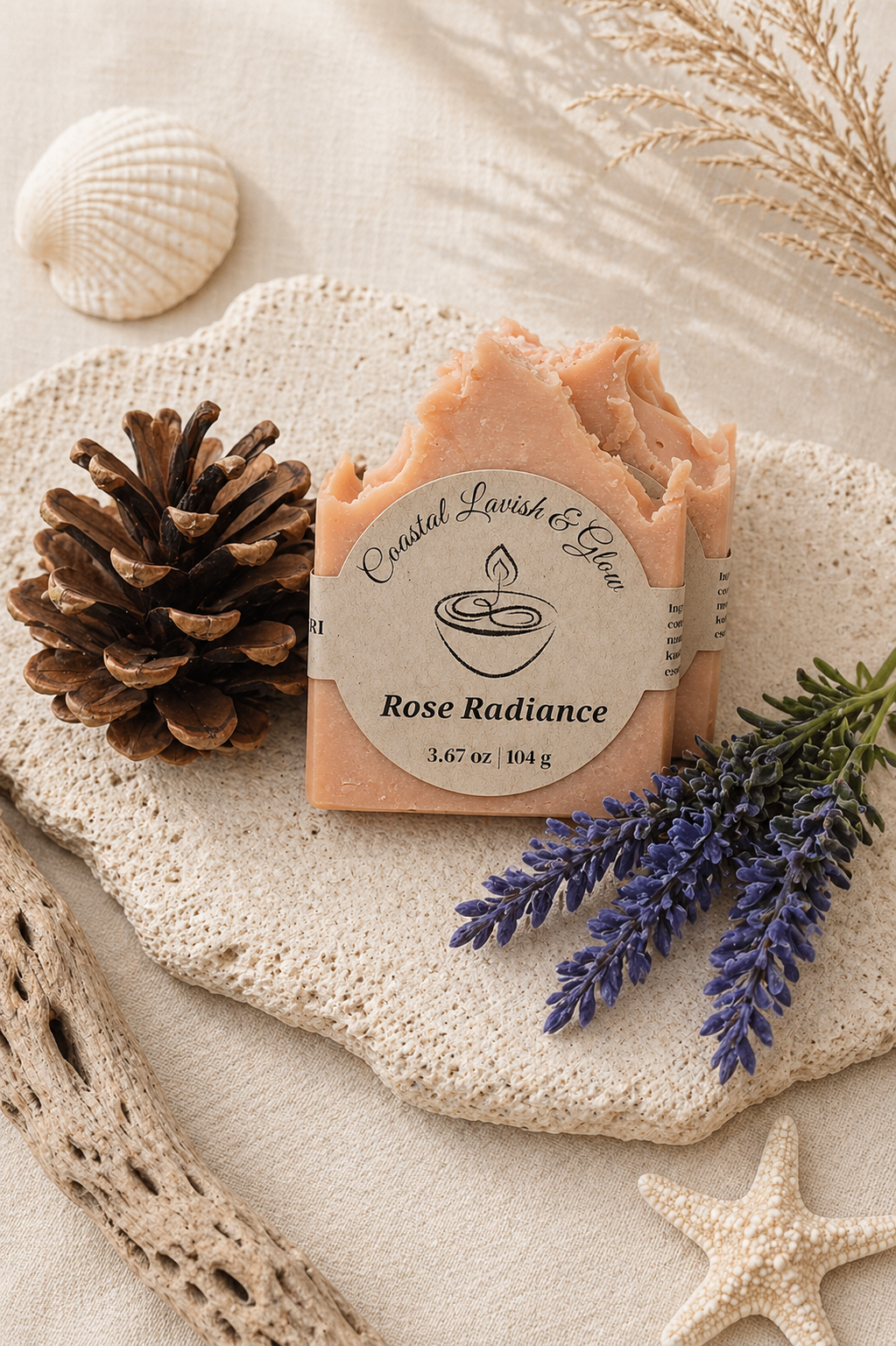 Rose Radiance Artisan Soap scented with lavender, geranium, and clary sage essential oil on a cream background