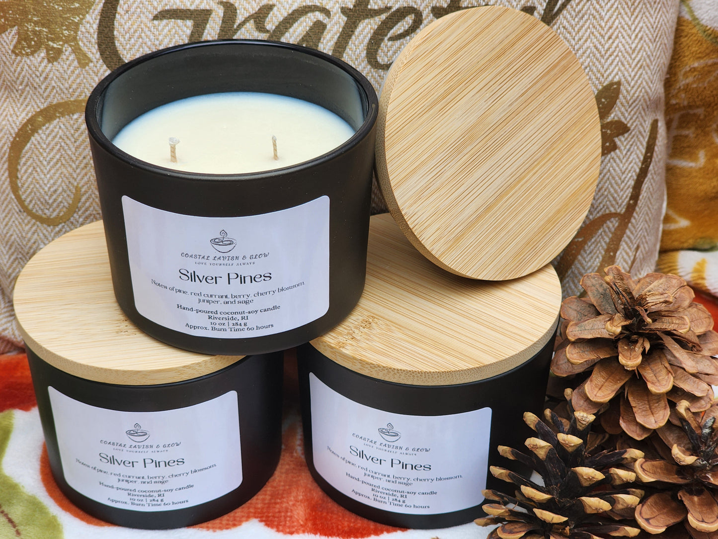 Silver Pines Candle - pine, red currant, berry, cherry blossom, juniper, sage scent