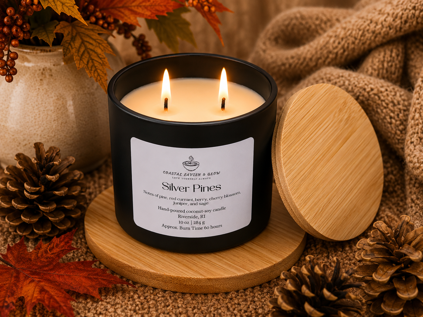 Candle labeled 'Silver Pines' with a wooden lid on a decorative surface with fall elements.